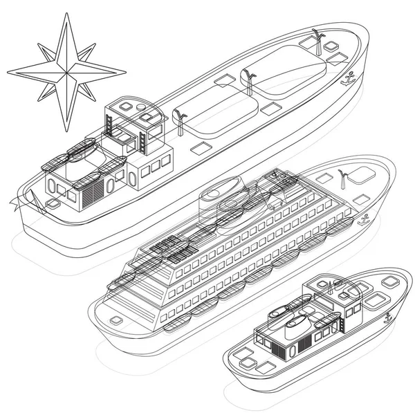Σχήμα Μοντέλο Πλοία Ισομετρική Εικονογράφηση Διάνυσμα — Διανυσματικό Αρχείο