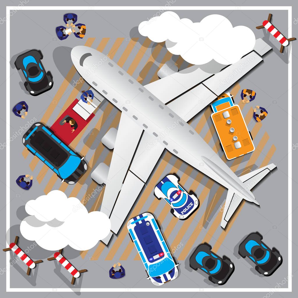 Businessman coming out of a private jet at terminal. View from above. Vector illustration.