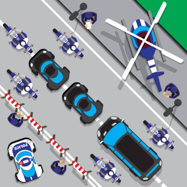 Konvoya polis eşlik ediyor. Yukarıdan bak. Vektör illüstrasyonu.