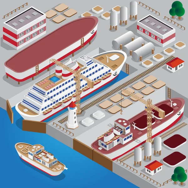 Reparación Naves Muelle Isométrico Ilustración Vectorial — Vector de stock