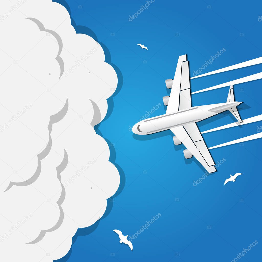 The plane is flying in the clouds. View from above. Vector illustration.
