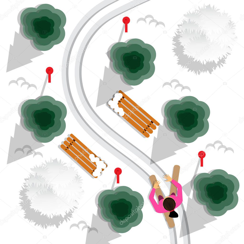 The girl on the ski run. View from above. Vector illustration.