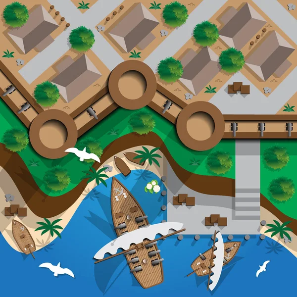 Fortaleza Con Amarradero Para Barcos Vista Desde Arriba Ilustración Vectorial — Vector de stock