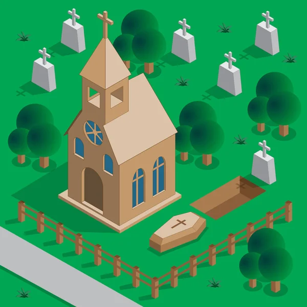 Kirche Auf Dem Friedhof Das Grab Schaufeln Isometrisch Vektorillustration — Stockvektor