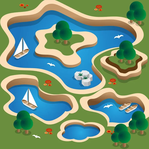 Natuurlijke Landschap Lake Isometrisch Vectorillustratie — Stockvector