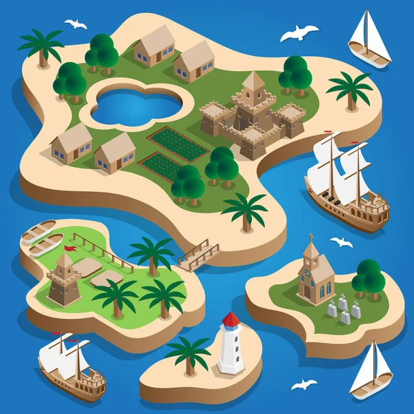 Paisaje Medieval Las Islas Isométrico Ilustración Vectorial — Vector de stock