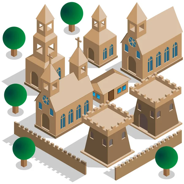 Stel Een Oud Kasteel Isometrisch Vectorillustratie — Stockvector