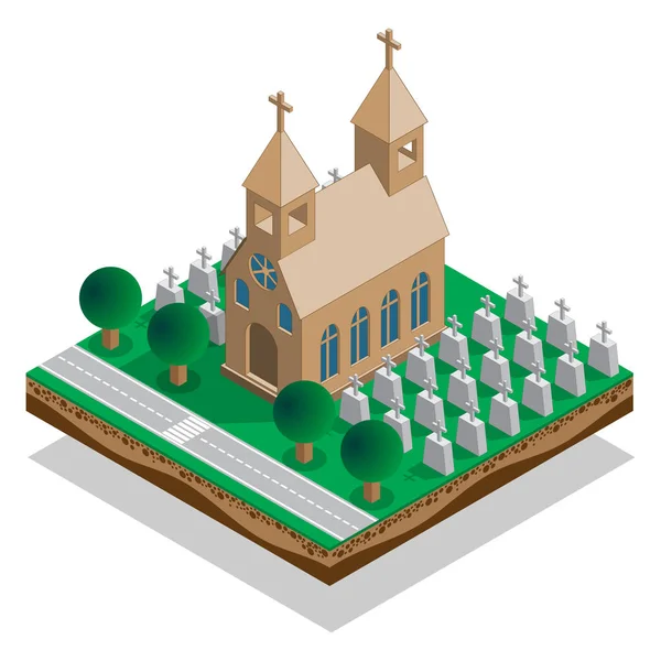 Kirche Auf Dem Friedhof Isometrisch Vektorillustration — Stockvektor