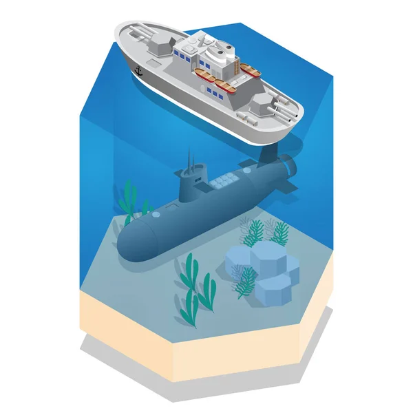 Warship Submarine Isometric Vector Illustration — Stock Vector