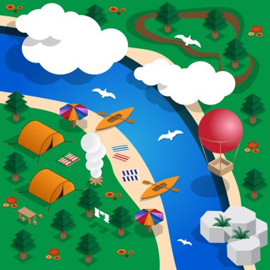 Nehrin üzerinde kamp. İzometrik. Vektör çizim.