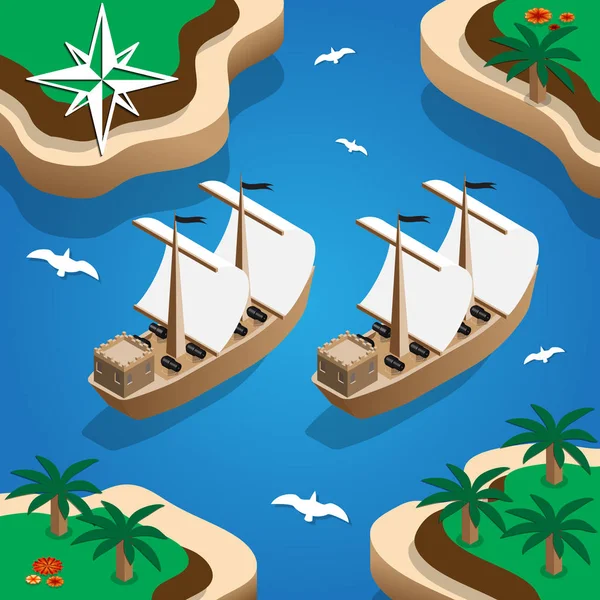Navios Piratas Baía Isométrico Ilustração Vetorial —  Vetores de Stock