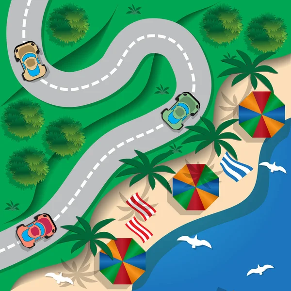 Plaj boyunca çalışan yol. Yukarıdan görüntüleyin. Vektör çizim.