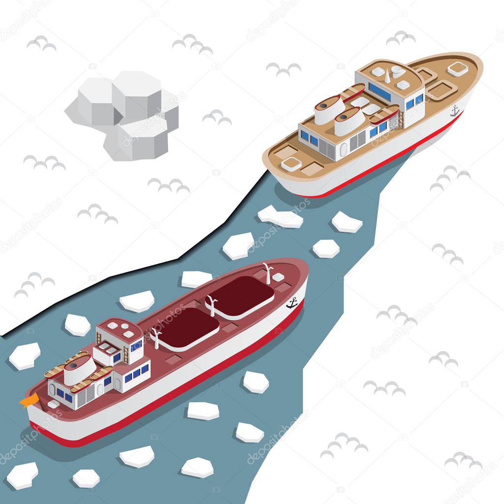 Icebreaker leads ship. Isometric. Vector illustration.