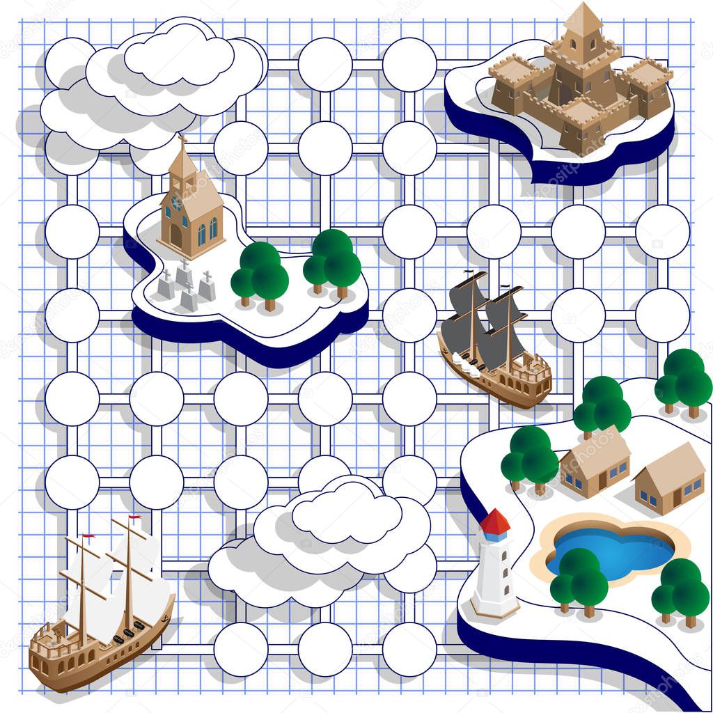 Sea map on a sheet in a cage. Vector design for app game user interface. Isometric.
