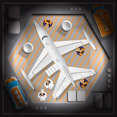 Uzay gemisi. Uçuş için hazırlanıyor. Yukarıdan görüntüleyin. Vektör çizim.