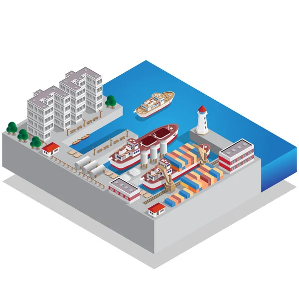 Porto Marítimo Isométrico Ilustração Vetorial —  Vetores de Stock