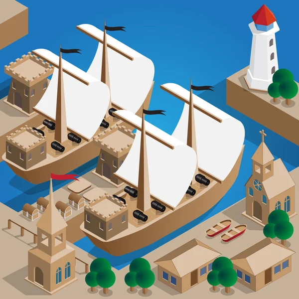 Pirate Harbor Isométrico Ilustración Vectorial — Archivo Imágenes Vectoriales