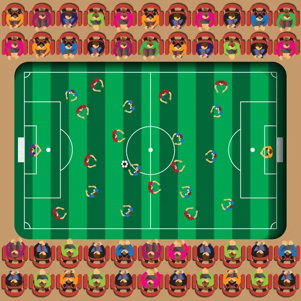 Fútbol Jugadores Con Pelota Vista Desde Arriba Los Espectadores Asistencia — Vector de stock