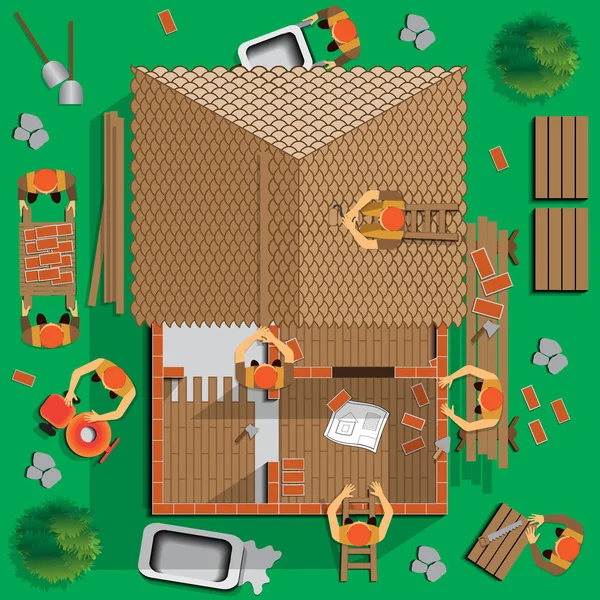 Constructores Trabajando Construcción Casa Vista Desde Arriba Ilustración Vectorial — Vector de stock