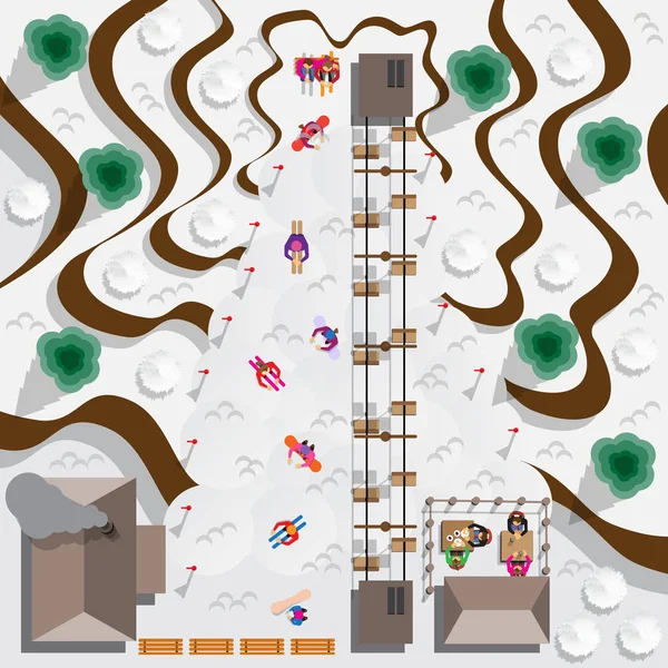 Estación Esquí Gente Esquiando Haciendo Snowboard Vista Desde Arriba Ilustración — Vector de stock