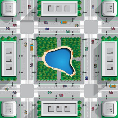 Bir göl ile şehir parkı. Yukarıdan görüntüleyin. Vektör çizim.