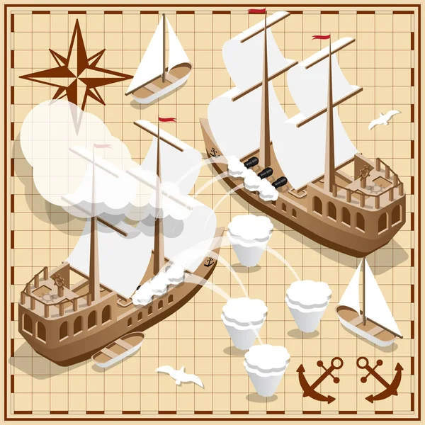 Battleship Sur Ancienne Carte Isométrique Illustration Vectorielle — Image vectorielle