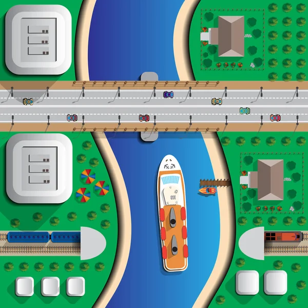 Транспорт Дорожній Міст Залізничний Тунель Корабель Плаває Річці Вид Зверху — стоковий вектор