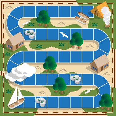 Nehrin üzerinde kamp. Çocuk oyunu. İzometrik. Vektör çizim.