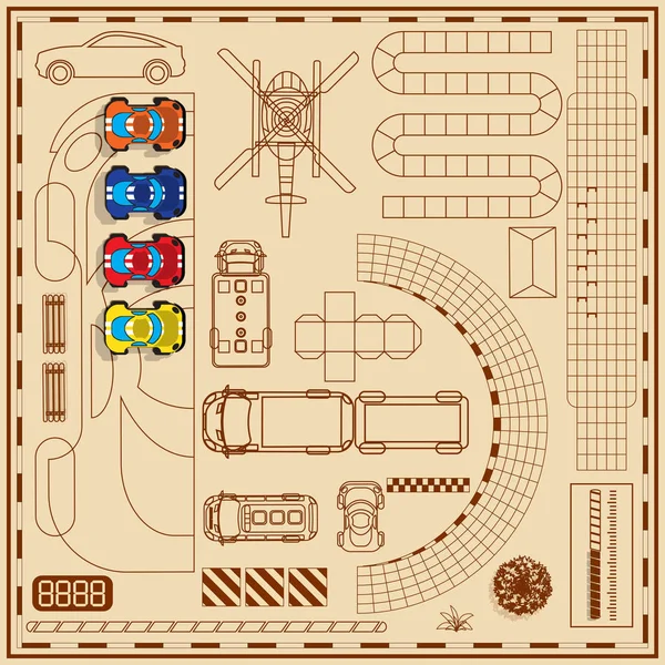 車のレース ゲームを設定します 上からの眺め ベクトル図 — ストックベクタ