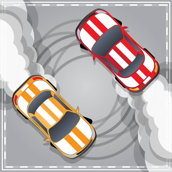 Cars in a controlled drift. View from above. Vector illustration. 