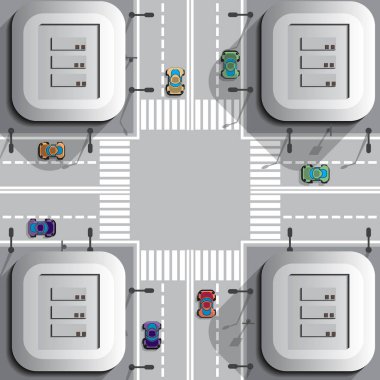 Crossroads kasabasında. Yukarıdan görüntüleyin. Vektör çizim.