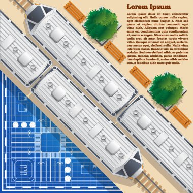 Şehir planı üzerinde yolcu treni. Yukarıdan görüntüleyin. Vektör çizim.