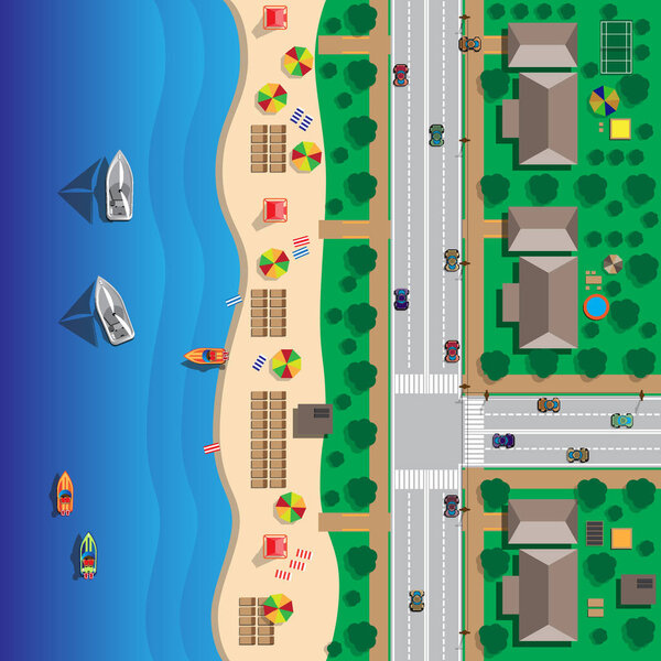 Map of the beach with streets and houses. Umbrellas and lounge chairs on the beachfront. View from above. Vector illustration.