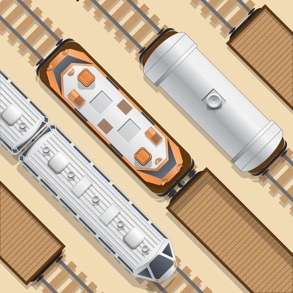 Σιδηροδρομική ατμομηχανή και βαγόνια στο σταθμό. — Διανυσματικό Αρχείο