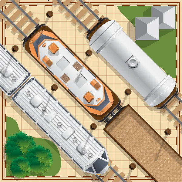 Kolejowa lokomotyw i wagonów na stacji. — Wektor stockowy