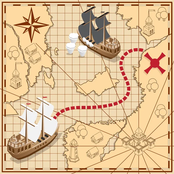 Mapa pirata con la ruta a los tesoros . — Vector de stock