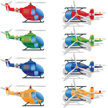 Bir dizi çok renkli helikopter.