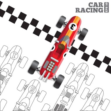 Bitiş çizgisinde eski yarış arabaları. Yukarıdan bak. Vektör illüstrasyonu. 