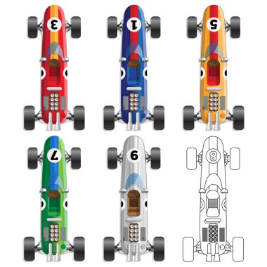 Eski yarış arabaları seti. Yukarıdan bak. Vektör illüstrasyonu.