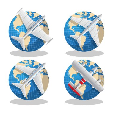 Dünya üzerinde bir uçak seti. Vektör çizimi. Beyaz arkaplanda izole.