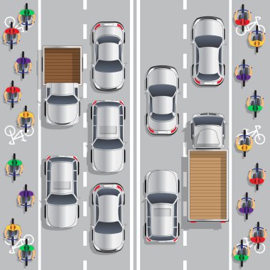 Yol trafiği ve bisiklet yolu. Yukarıdan bak. Vektör illüstrasyonu.
