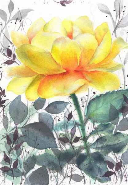 Yellow Tea Rose Grass Botanical Watercolor — Stock Photo, Image