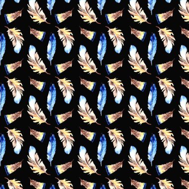 Siyah arka plan üzerinde renkli sulu boya çizilmiş tüy şekli