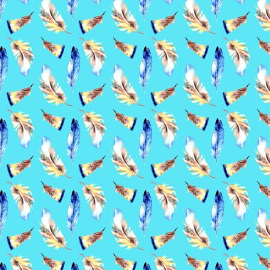 Turkuaz arka plan üzerinde renkli sulu boya çizilmiş tüy şekli