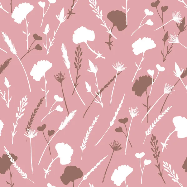 Rosa y blanco hierbas silvestres y flores patrón sin costura —  Fotos de Stock