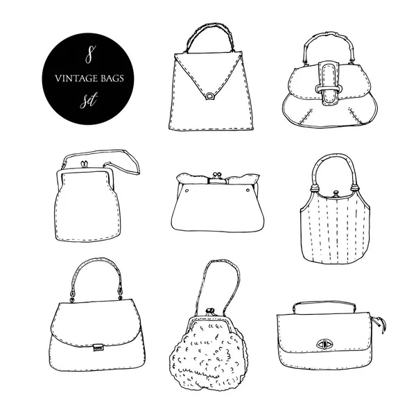 Bolsas vintage, embragues y bolsos juego de tinta. Ilustración vectorial dibujada a mano. Elegante y de moda — Vector de stock