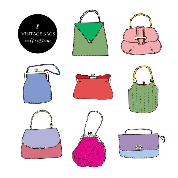 Coloridos bolsos vintage, embragues y bolsos de colección. Ilustración vectorial dibujada a mano. Elegante y de moda — Archivo Imágenes Vectoriales