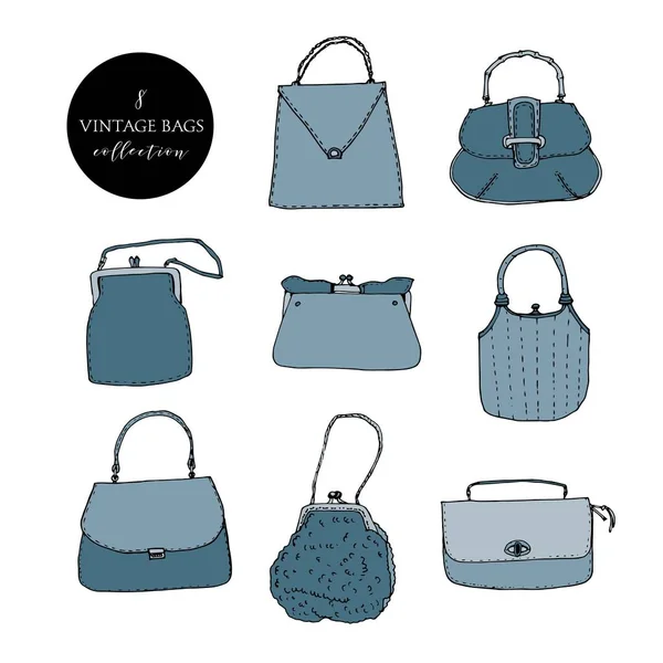 Bolsas vintage, embragues y bolsos juego de tinta. Ilustración vectorial dibujada a mano. Elegante y de moda — Archivo Imágenes Vectoriales