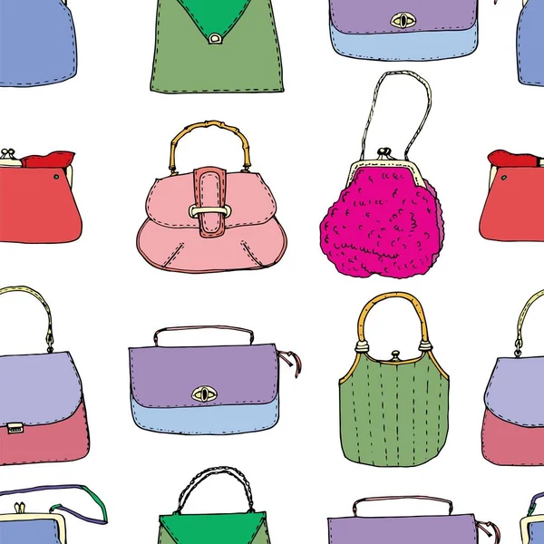 Farbenfrohe Vintage-Taschen, Clutches und Handtaschen mit nahtlosem Muster. handgezeichnete Vektorillustration. elegant und trendy — Stockvektor