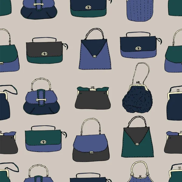 Sacos vintage, embreagens e bolsas sem costura padrão. Ilustração vetorial desenhada à mão. Elegante e na moda — Vetor de Stock